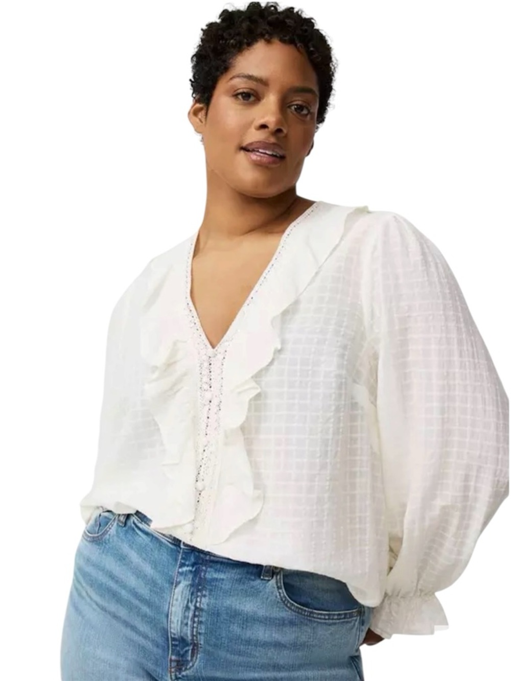 Torrid Whisper White (eggshell) V-Neck Ruffle Blouse, NEW with Tags!  14/16